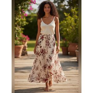 Ramona La Rue by Arianne Cream Floral Print Chiffon Maxi Skirt M/L
